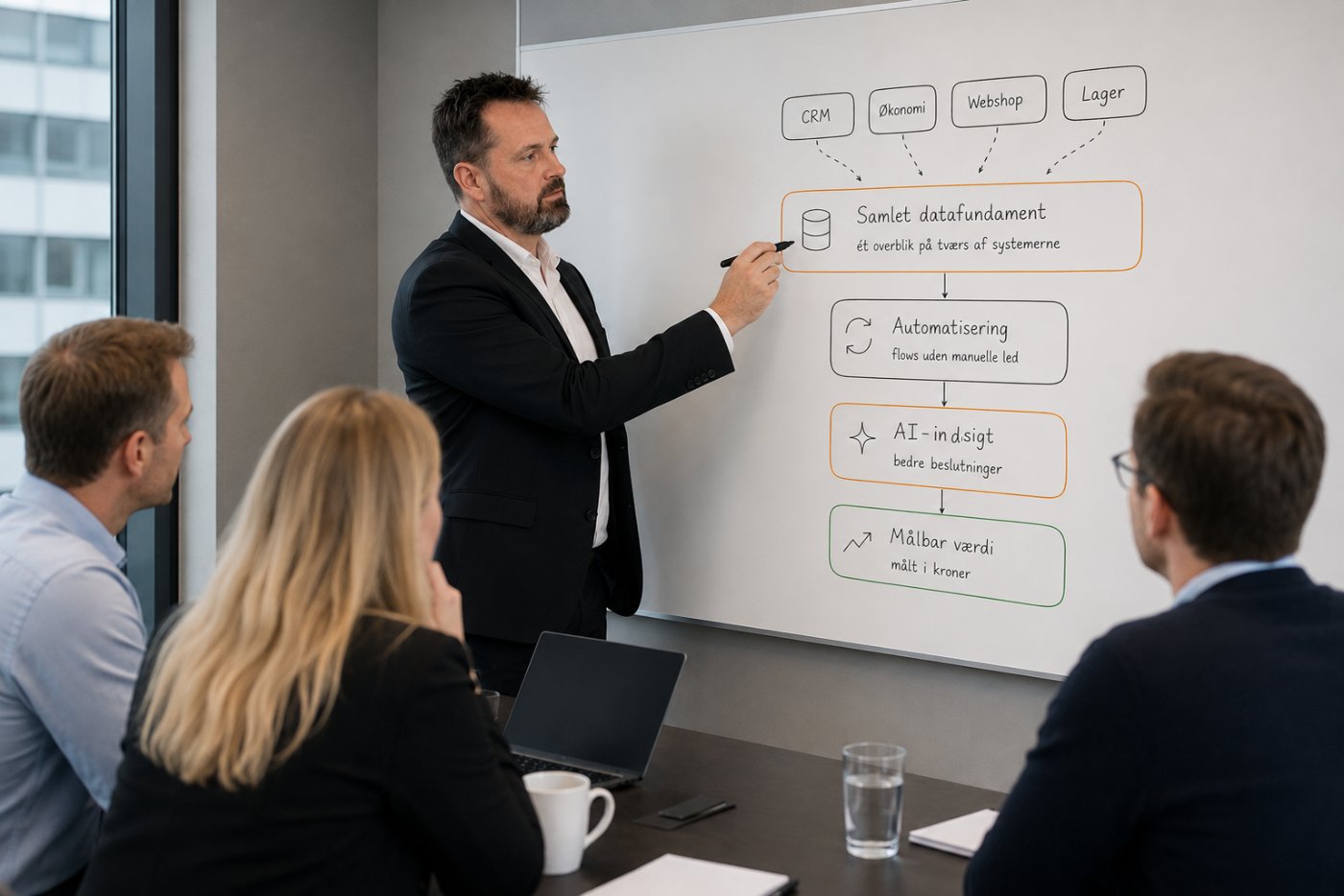 Niels Budtz gennemgår værdikæden fra spredte systemer til målbar værdi på et whiteboard